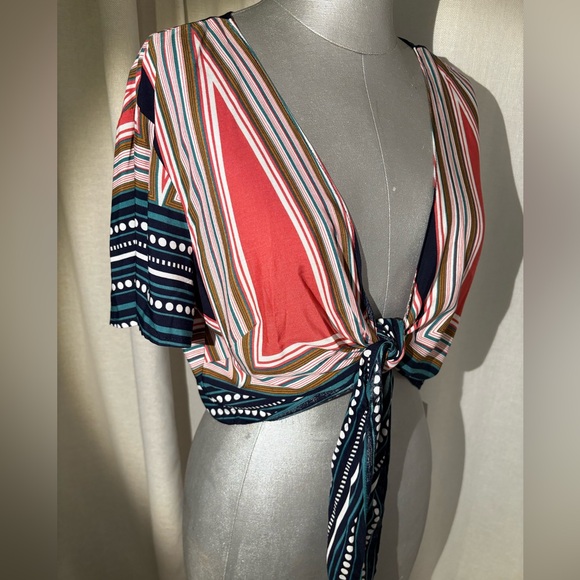 Lulus Geo Grande Navy Blue Print Cropped Tie-Front Top Festival Boho Size XL - Picture 7 of 12